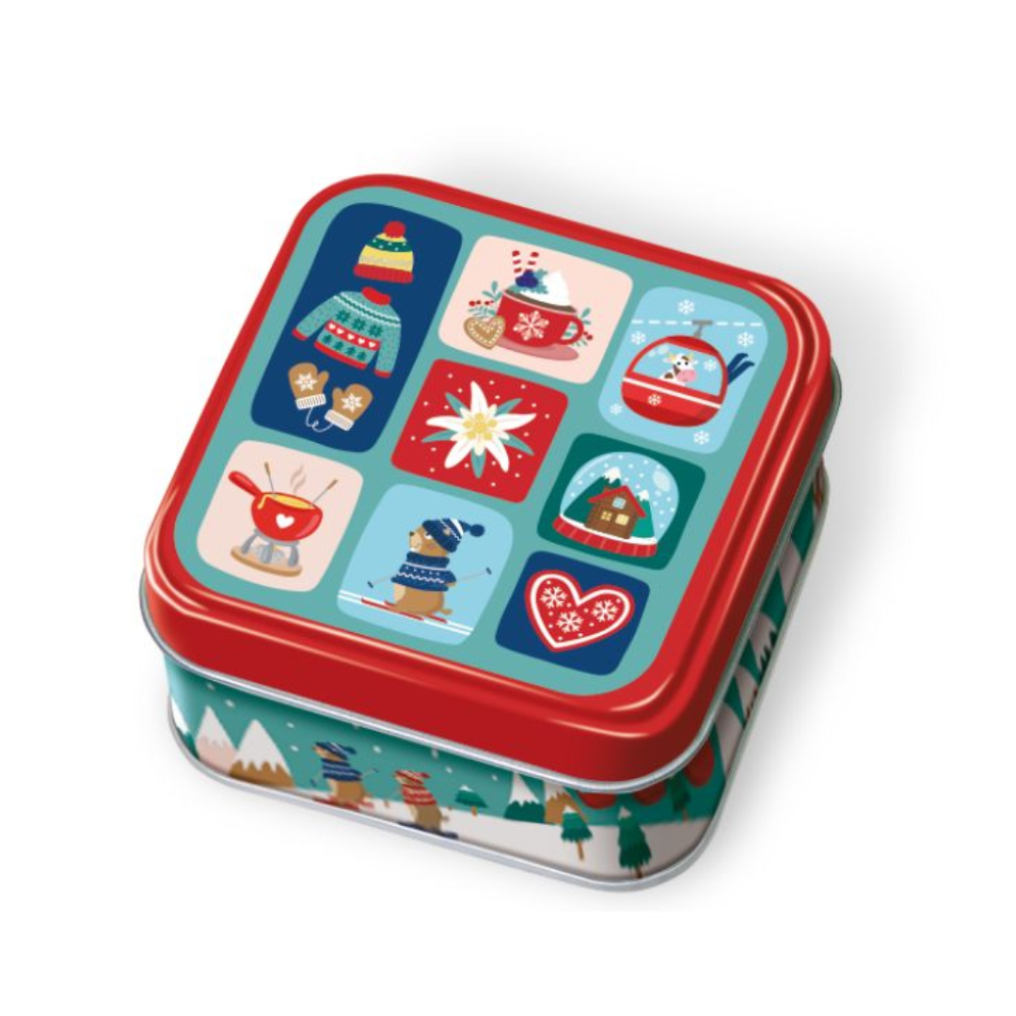 Boite hiver à la montagne avec bonbons myrtille et framboise